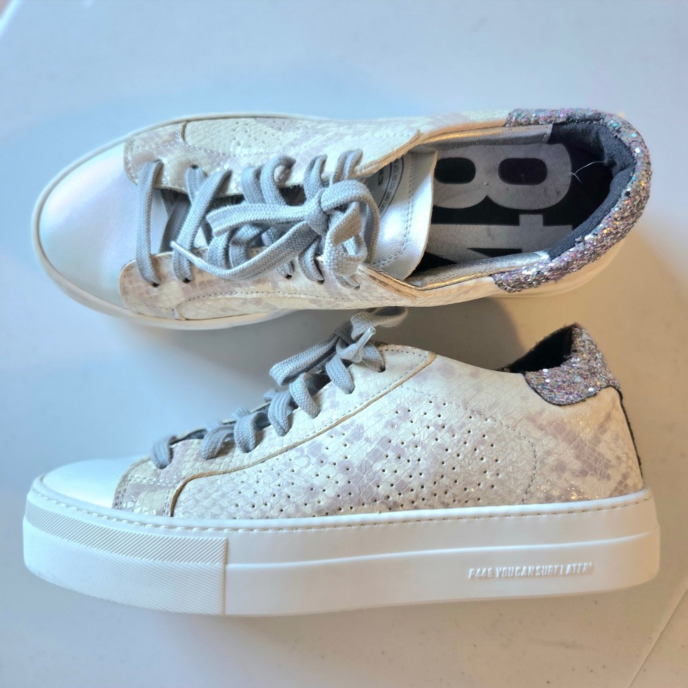 P448 Women Snakeskin Embossed Platform Sneakers Glitter Heel Silver Size 37